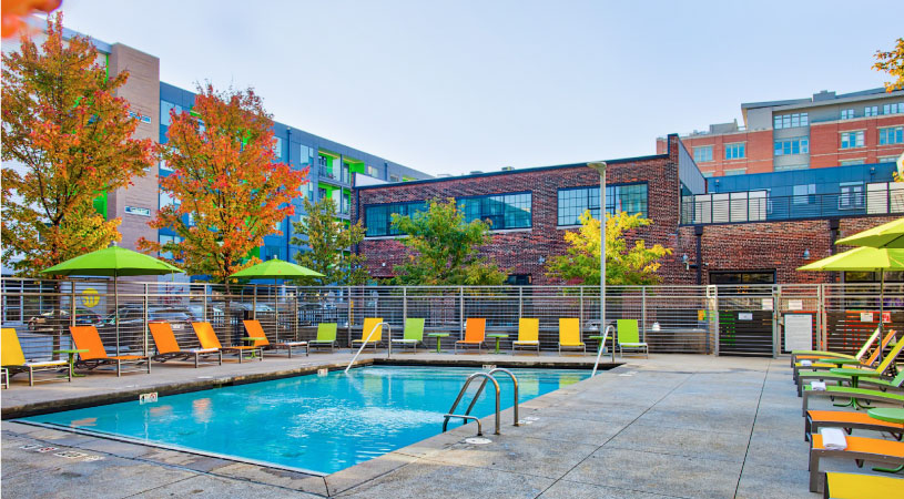 The Circa Apartments in Indianapolis, Indiana, seen from the community pool deck.