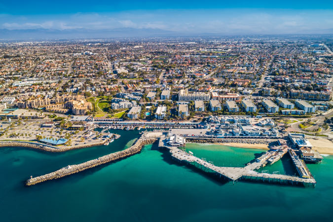Aerial view of the gorgeous coastline in Redondo Beach, California — one of the best suburbs of Los Angeles.