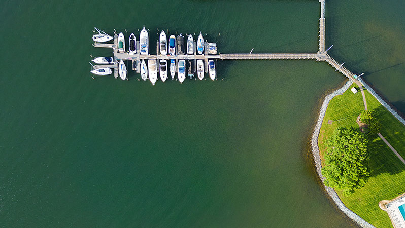 An overhead shot of the docks at Lake Norman, North Carolina
