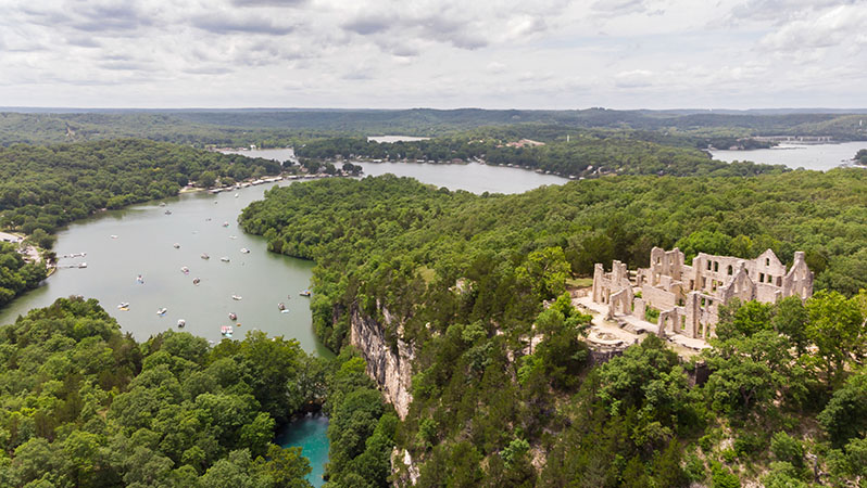 Castle ruins overlooking the Lake of the Ozarks in Missouri
