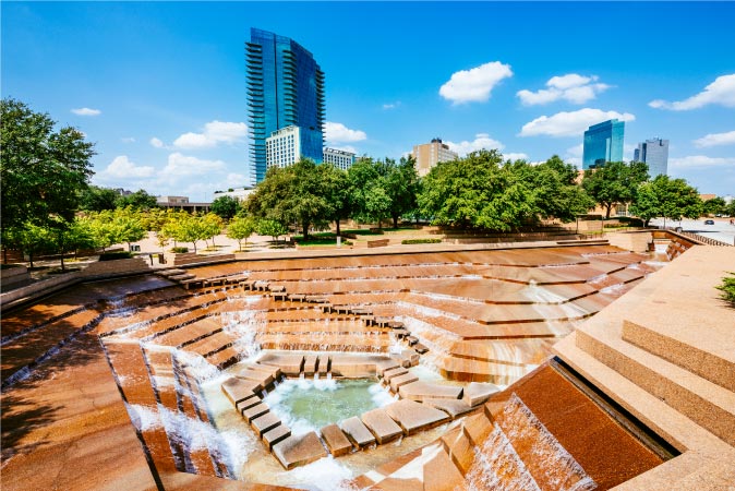 Aerial view of the Fort Worth Water Gardens on a sunny day