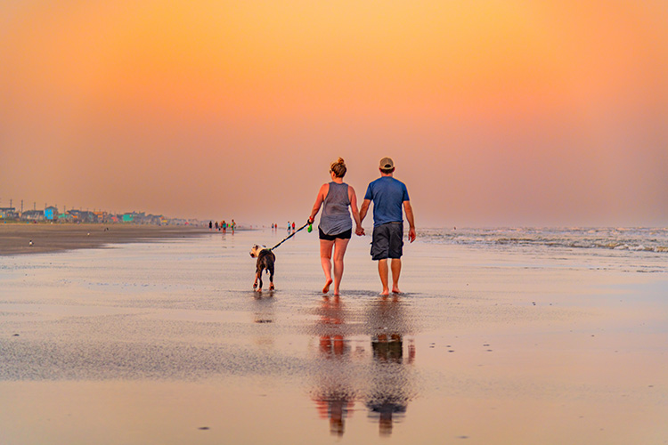 A couple enjoys the Texas shoreline sunset as they walk hand-in-hand while walking their dog.