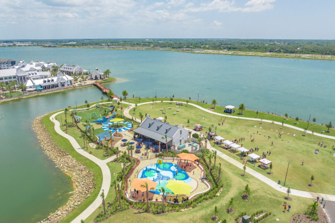 Aerial view of Lakewood Ranch and the community’s Waterside Park Splash Pad