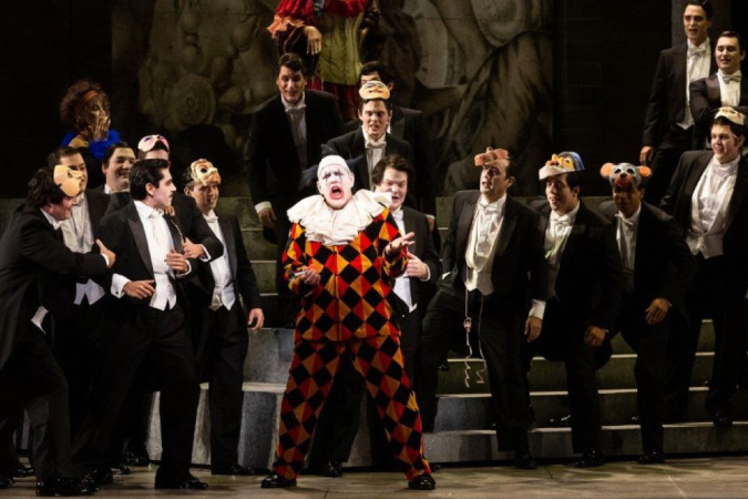 Singers with The Dallas Opera performing Rigoletto on stage in Dallas, Texas.