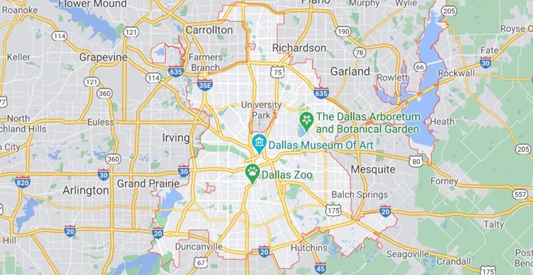 A screenshot from Google Maps showing Dallas, Texas, and its major highways