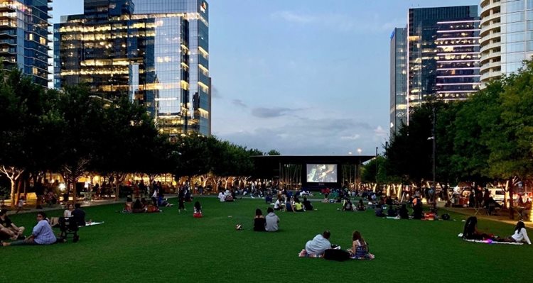Dozens of locals enjoy an outdoor movie in Dallas’ Klyde Warren Park.