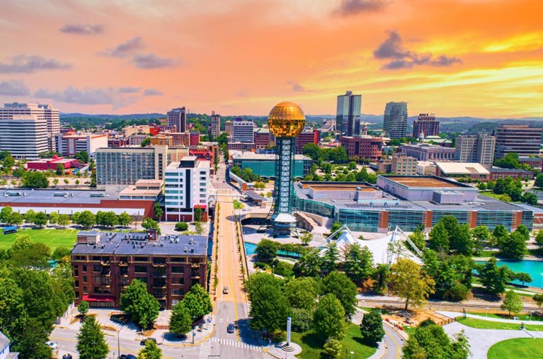Aerial view of Downtown Knoxville, Tennessee, during sunset