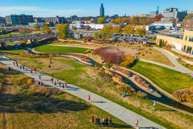 Aerial view of runners taking part in the 2022 Good Life Halfsy running event in Lincoln, Nebraska, on a sunny day in October.