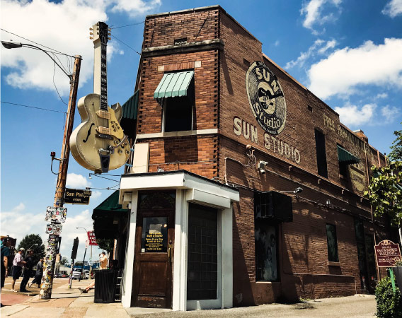 Street level view of Sun Studio, a historic recording studio in Memphis, Tennessee.