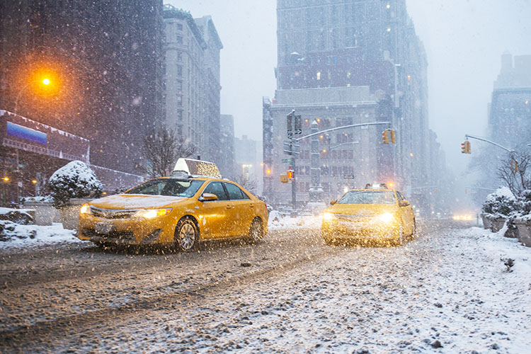 Taxi cabs in the snow in Manhattan