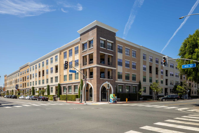 Sunny view from across the street of the Cityplace Lofts in Long Beach’s East Village neighborhood. 