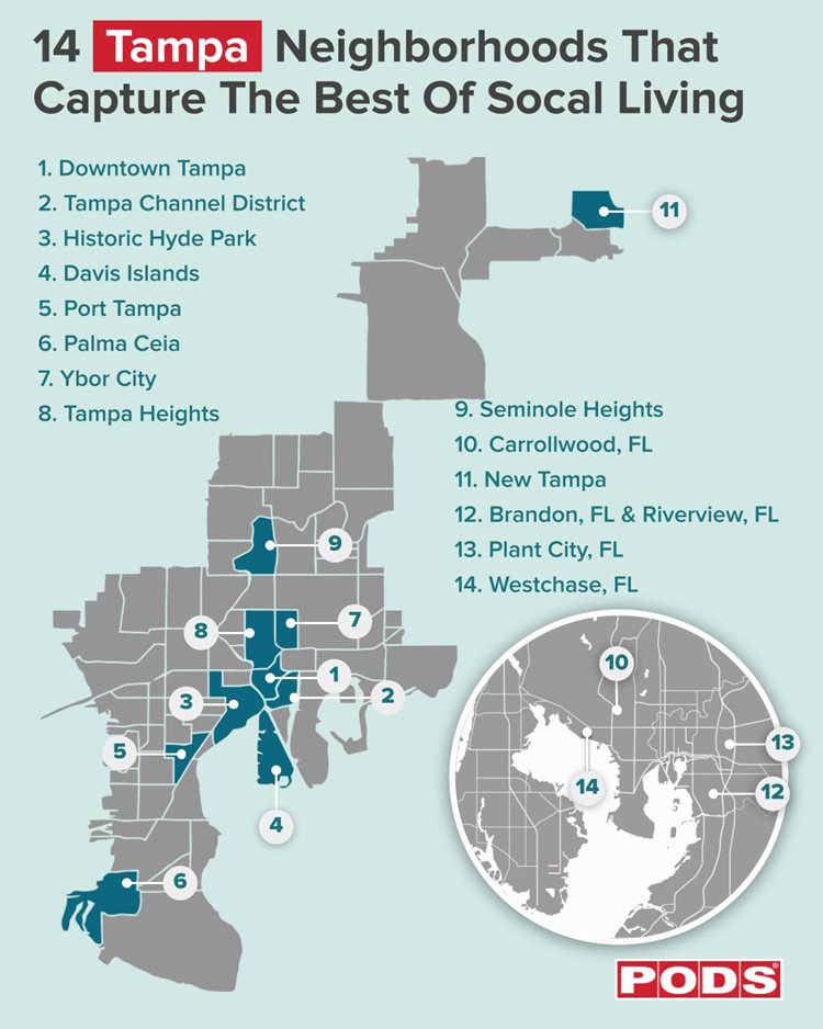 An illustrated map Tampa's neighborhoods. The reads as follows: 1. Downtown Tampa, 2. Tampa Channel District, 3. Historic Hyde Park, 4. Davis Islands, 5. Port Tampa, 6. Palma Ceia, 7. Ybor City, 8. Tampa Heights, 9. Seminole Heights, 10. Carollwood, 11. New Tampa, 12. Brandon & Riverview, 13. Plant City, 14. Westchase