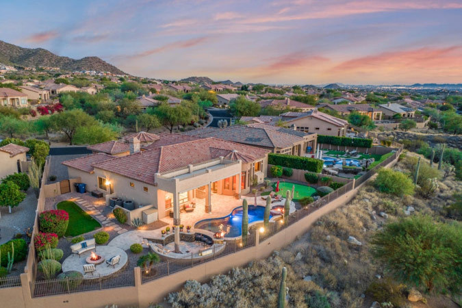 Aerial view of a luxury home in Las Sendas Golf Club in the Las Sendas neighborhood of Mesa, Arizona