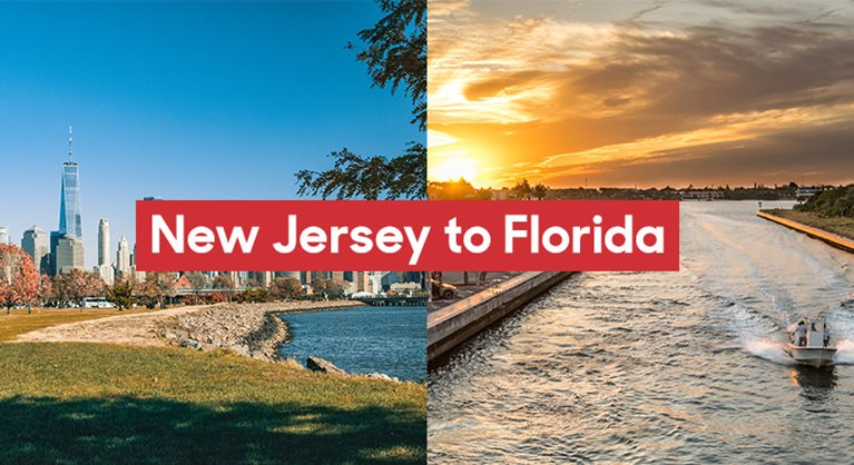 A split image showing Jersey City on the left, and a Boynton Beach, Florida on the right.