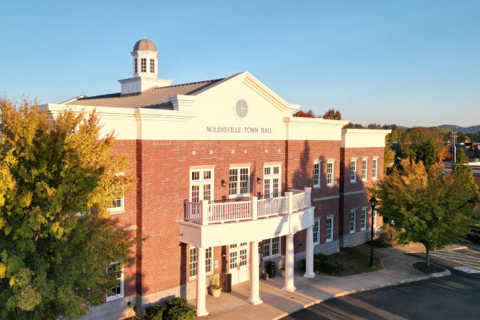 Treetop view of the impressive Nolensville Town Hall building in Nolensville, Tennessee.