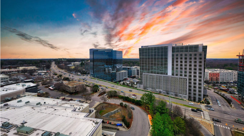 A bird’s-eye view of office buildings in the North HIlls neighborhood of Raleigh, NC. 