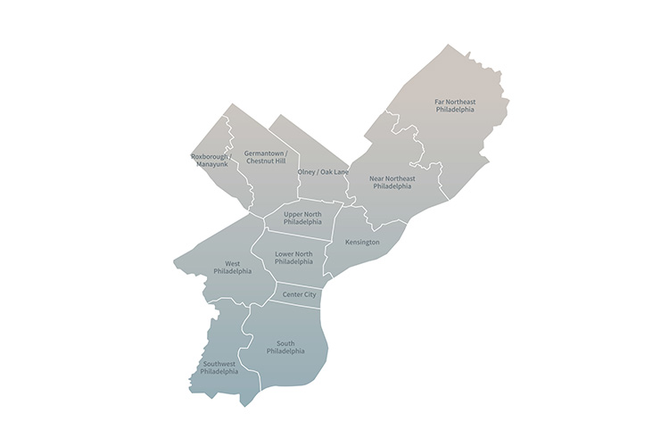 A map showing the city boundaries of Philadelphia, Pennsylvania with important sections of the city labeled.