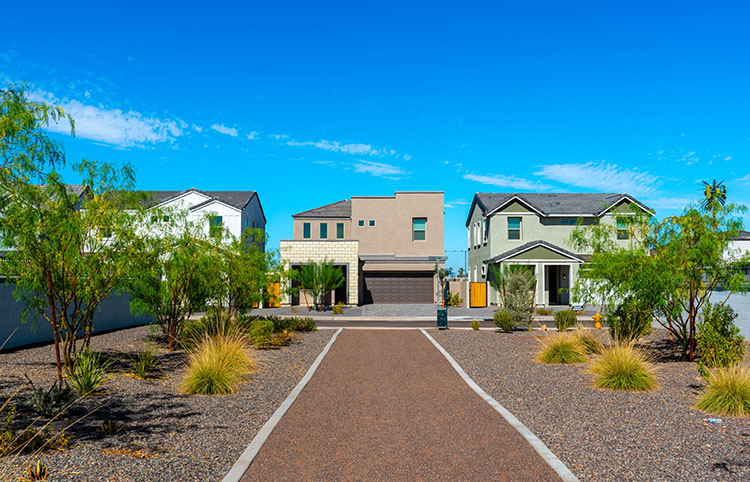 Modern homes in Goodyear, Arizona on a sunny day.