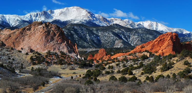 View of Pikes Peak from Garden of the Gods in Colorado Springs.