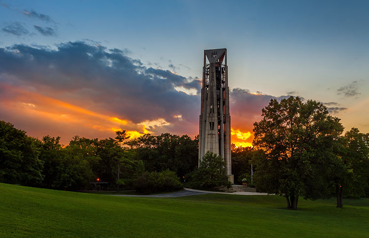 Naperville’s carillon bell tower at sunset