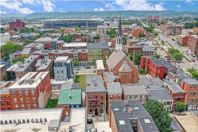 Aerial view of the Over-the-Rhine neighborhood in Cincinnati, Ohio, on a sunny day