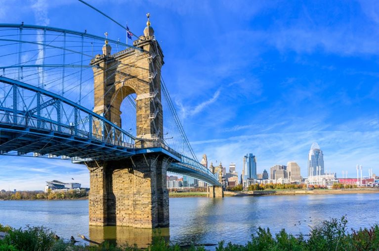 View across the river of the Ohio River Bridge and the Cincinnati skyline on a sunny summer day.