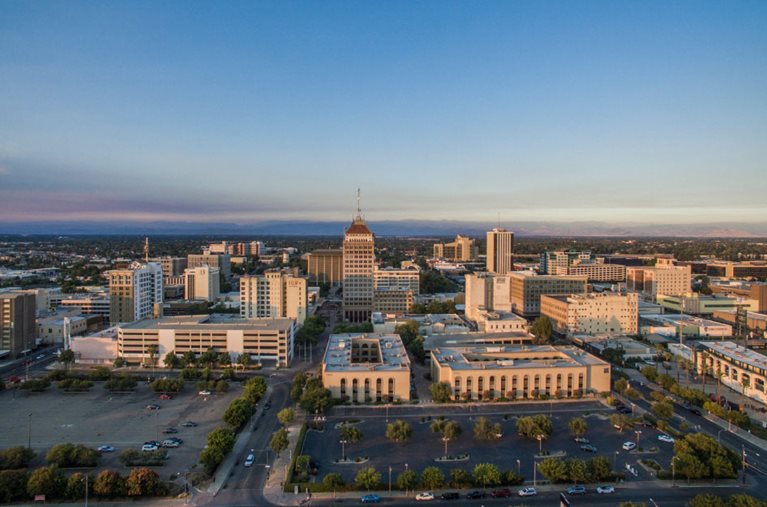 Aerial view of Fresno, California, just after sunrise