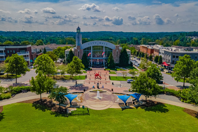 Aerial view of the Suwanee Town Center and surrounding areas in Suwanee, Georgia