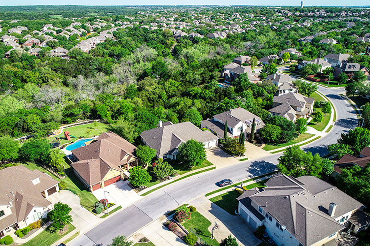 An overhead shot of a Cedar Park neighborhood, with plenty of single-family homes