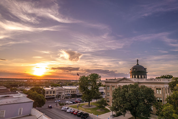 The Georgetown courthouse at sunset.