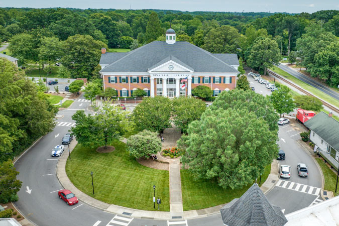 Aerial view of the Town Hall and Library in Matthews, North Carolina, on a beautiful summer day