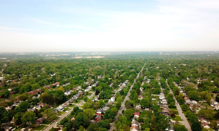 Aerial view of residential neighborhoods in Upper Arlington, Ohio, a city near Columbus.