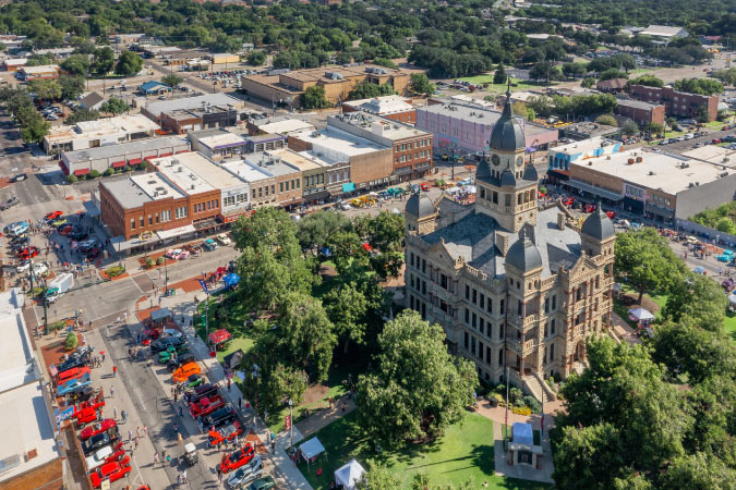 Aerial view of Downtown Denton on a sunny, summer day. 