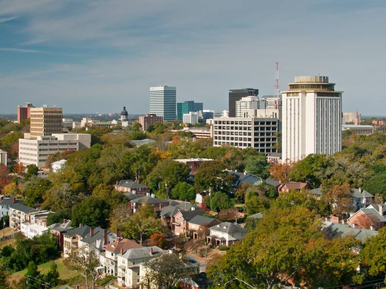 Aerial view of a residential neighborhood located beside a commercial district in Columbia, South Carolina.