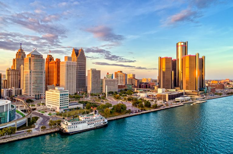 Aerial view of Detroit, Michigan, and the city’s waterfront seen during sunset