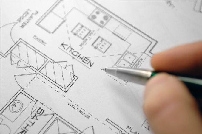  Close up of a piece of paper printed with a kitchen remodel layout plan