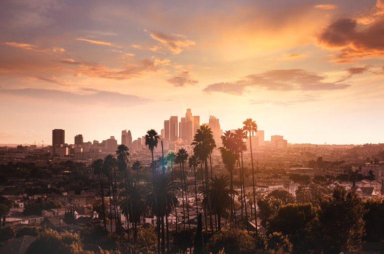 Distant sunset view of the city of Los Angeles through a grove of tall palm trees.