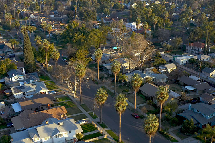 A drone shot of a Fresno neighborhood