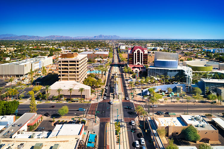 An aerial shot of Mesa, Arizona during the day.