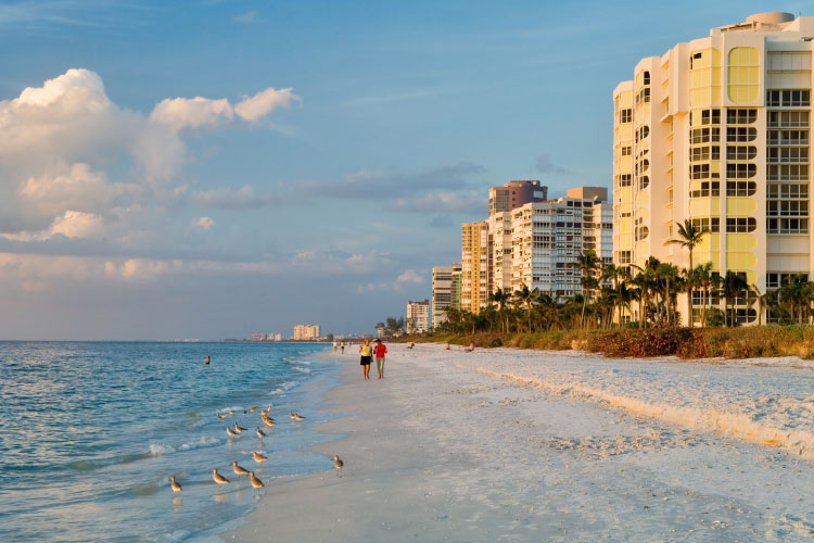 A couple walks along a beach in Naples, Florida, just before sunset. Tall condos and hotels dot the beach, and seabirds stand in the surf. 