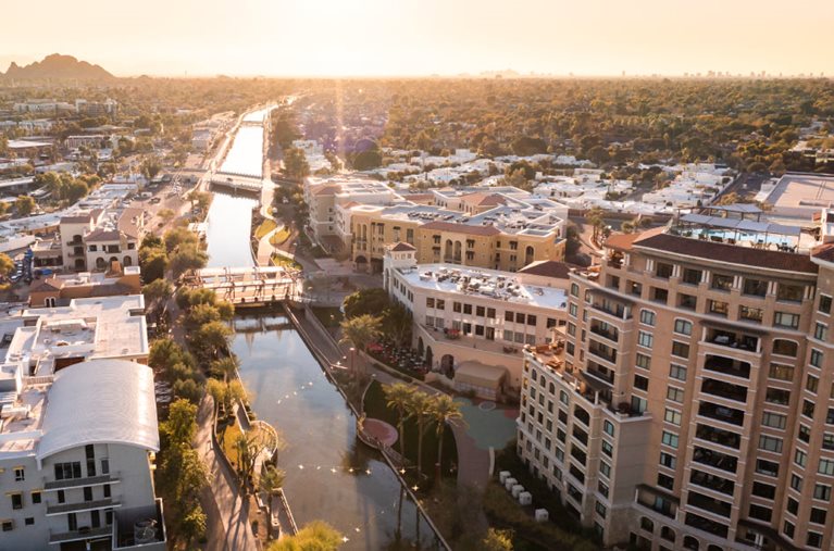 Aerial view of residential buildings along the Arizona Canal in Scottsdale, Arizona.