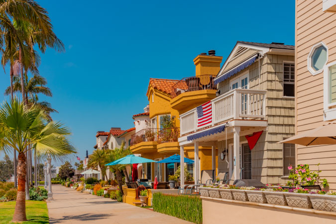 Unique and colorful houses on Naples Island in Long Beach, California.