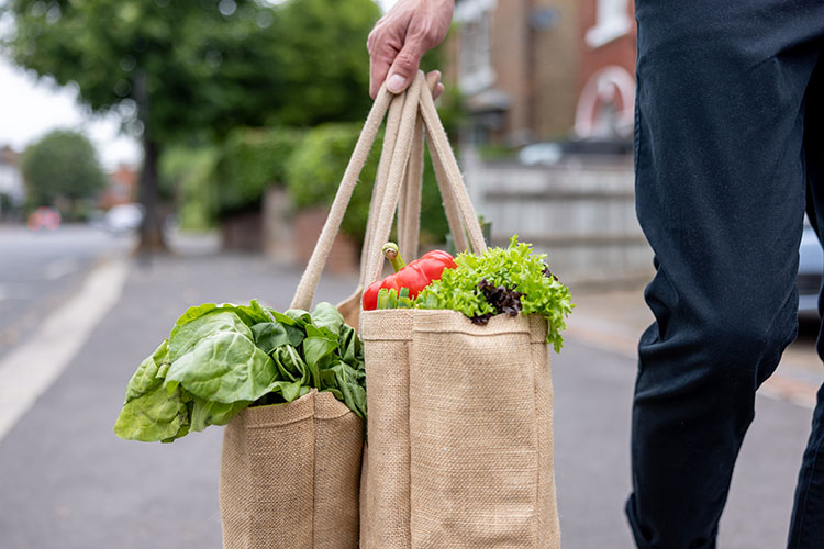 Reusable bags filled with fresh vegetables, including kale, red peppers, and lettuce.