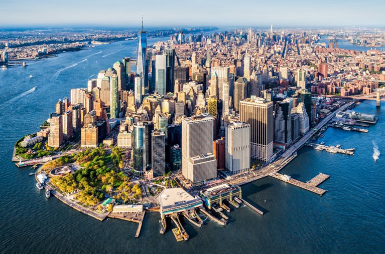 Aerial view of Lower Manhattan on a clear summer day.