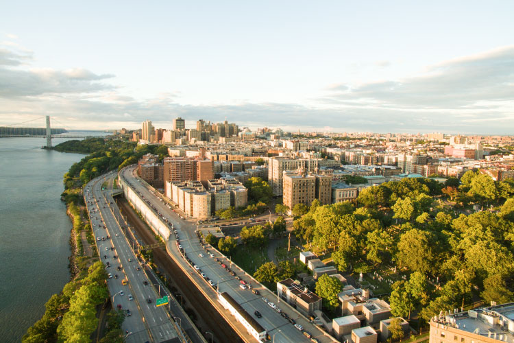 Aerial view of the Washington Heights and Hamilton Heights neighborhoods in Manhattan, New York.