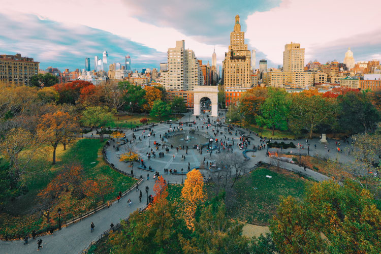 Aerial view of Washington Square Park in the Greenwich Village neighborhood of Manhattan, New York.
