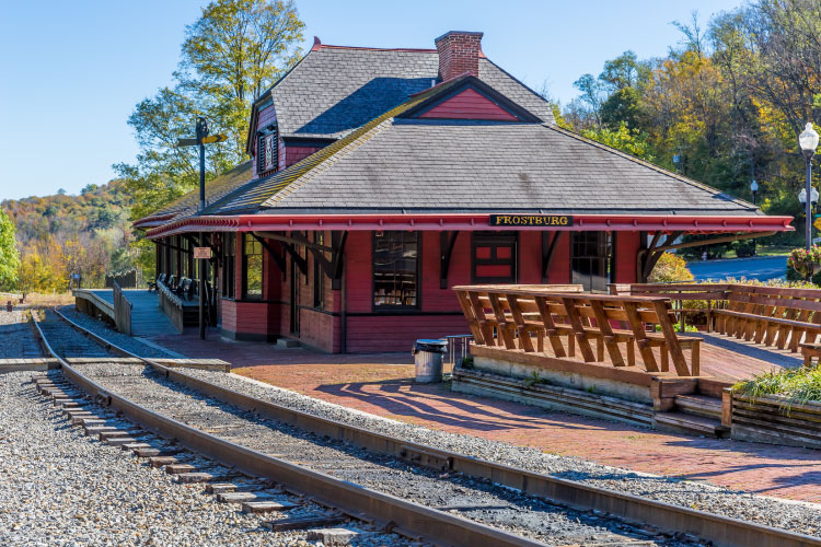 An old railroad station in Frostburg, Maryland, on a sunny day. 