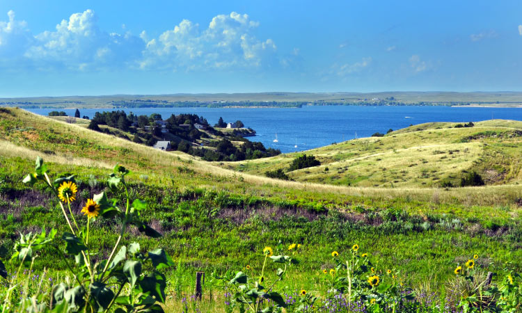 A view of Lake McConaughy and the surrounding homes and natural spaces near Ogallala, Nebraska. 
