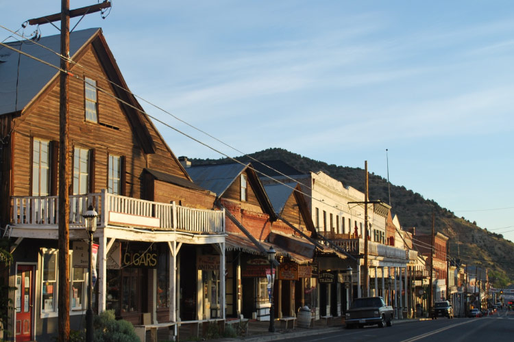 The view down a main street in Virginia City, Nevada, in the late afternoon.