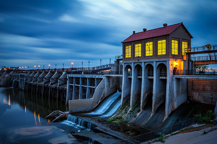 The Lake Overholser dam in Yukon, Oklahoma at night.